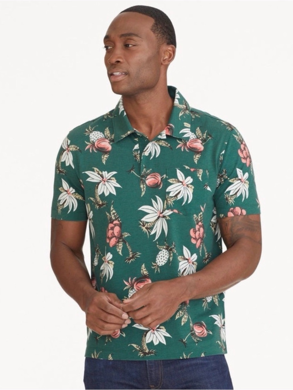 UNTUCKit Green Floral Polo with Pink and White Blooms